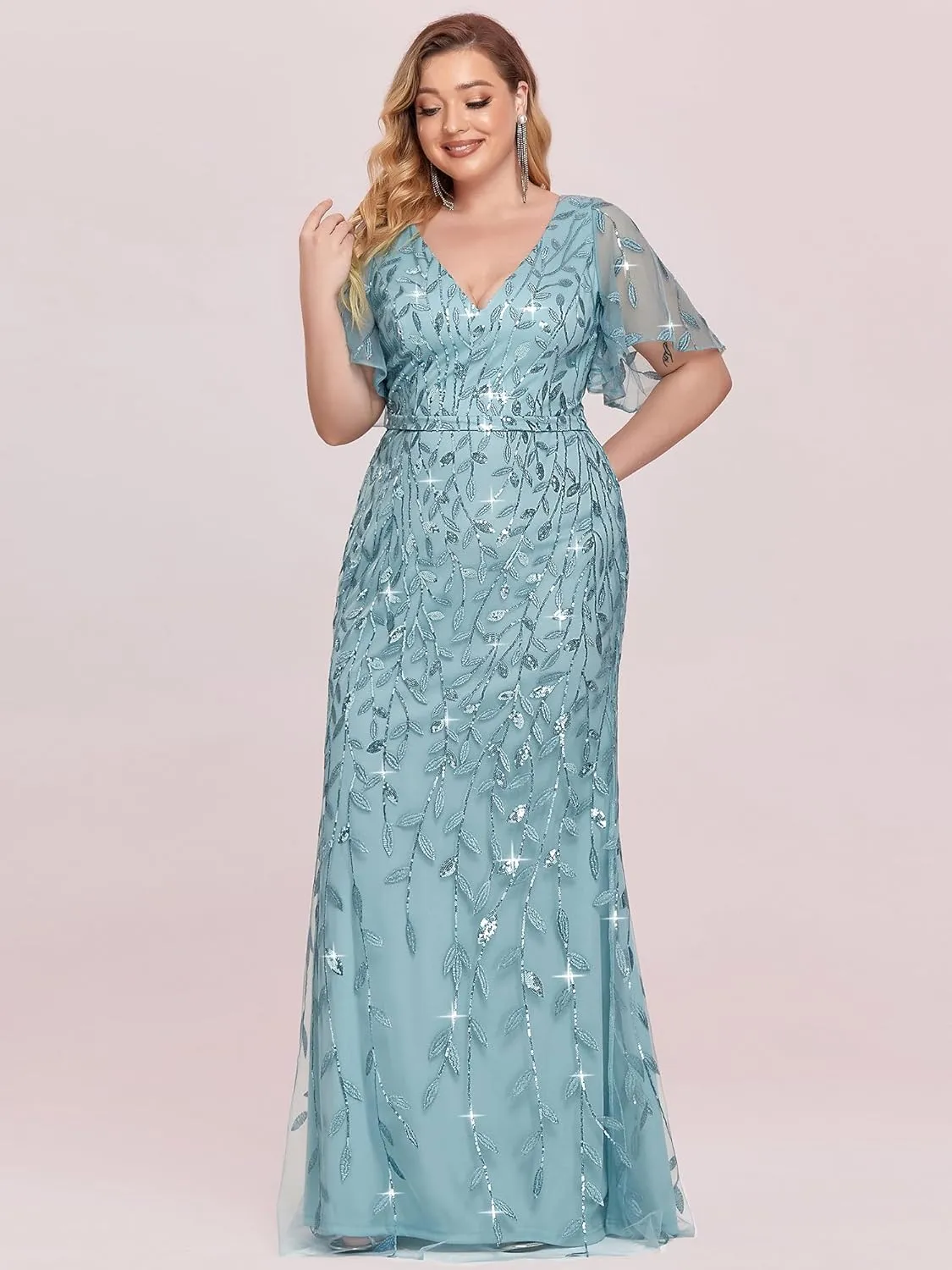 Ever-Pretty Women's V-Neck Curvy Embroidery Formal Dresses Plus Size Sequin Mother of The Bride Dresses 0692-PZUSA