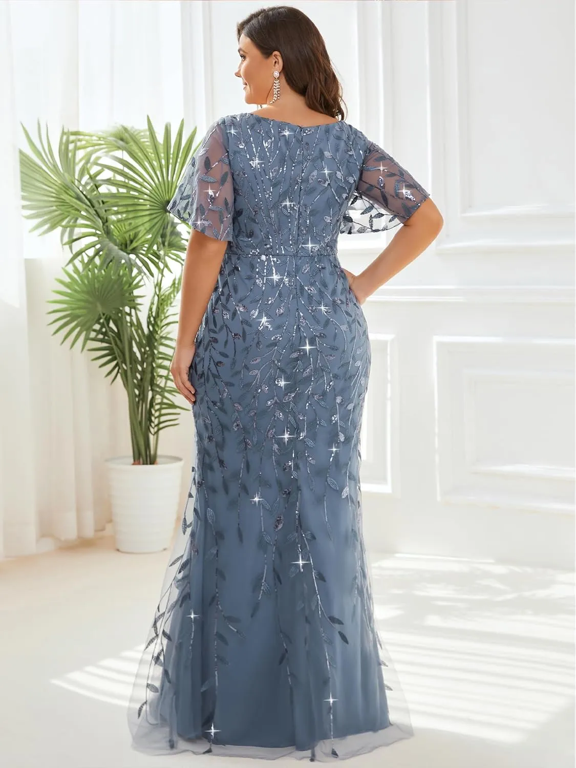 Ever-Pretty Women's V-Neck Curvy Embroidery Formal Dresses Plus Size Sequin Mother of The Bride Dresses 0692-PZUSA