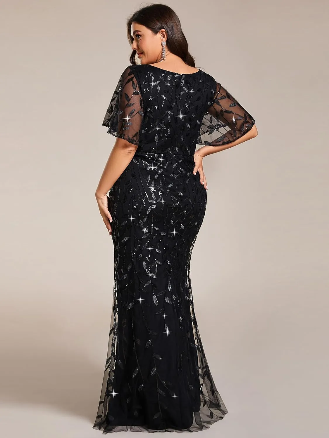 Ever-Pretty Women's V-Neck Curvy Embroidery Formal Dresses Plus Size Sequin Mother of The Bride Dresses 0692-PZUSA