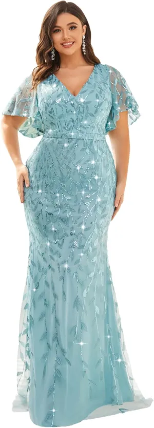 Ever-Pretty Women's V-Neck Curvy Embroidery Formal Dresses Plus Size Sequin Mother of The Bride Dresses 0692-PZUSA
