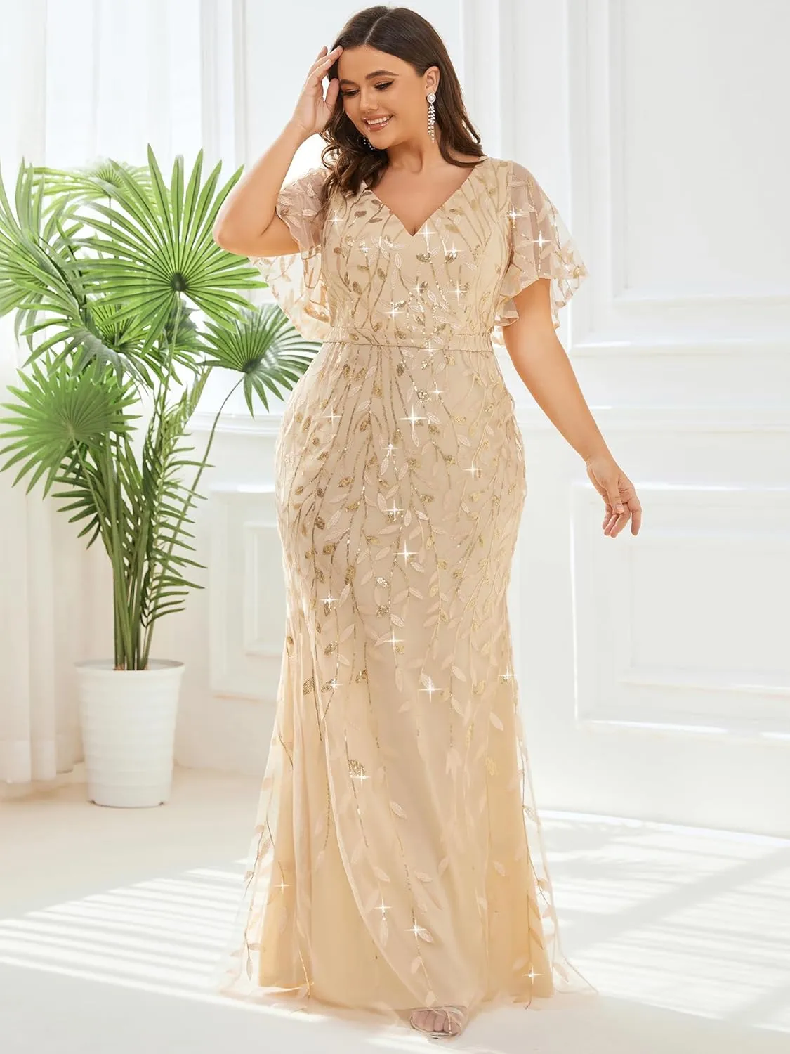 Ever-Pretty Women's V-Neck Curvy Embroidery Formal Dresses Plus Size Sequin Mother of The Bride Dresses 0692-PZUSA