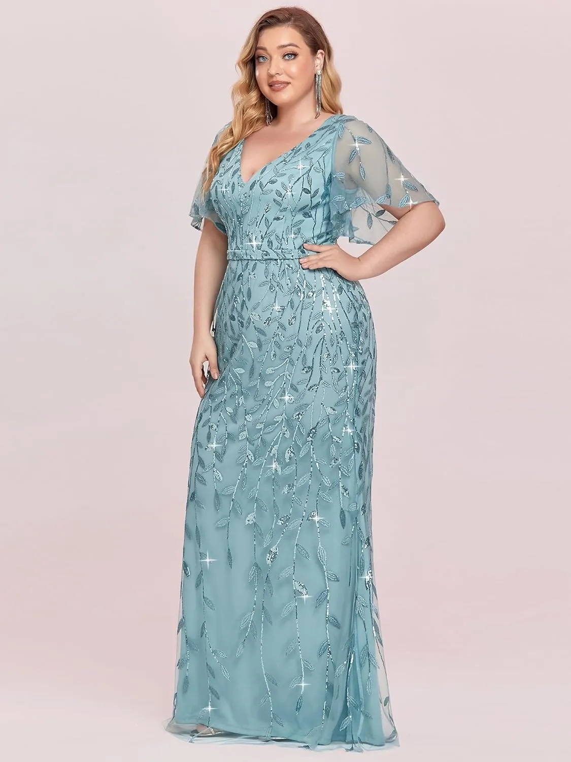 Ever-Pretty Women's V-Neck Curvy Embroidery Formal Dresses Plus Size Sequin Mother of The Bride Dresses 0692-PZUSA
