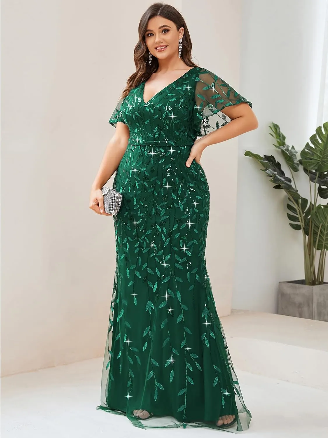 Ever-Pretty Women's V-Neck Curvy Embroidery Formal Dresses Plus Size Sequin Mother of The Bride Dresses 0692-PZUSA