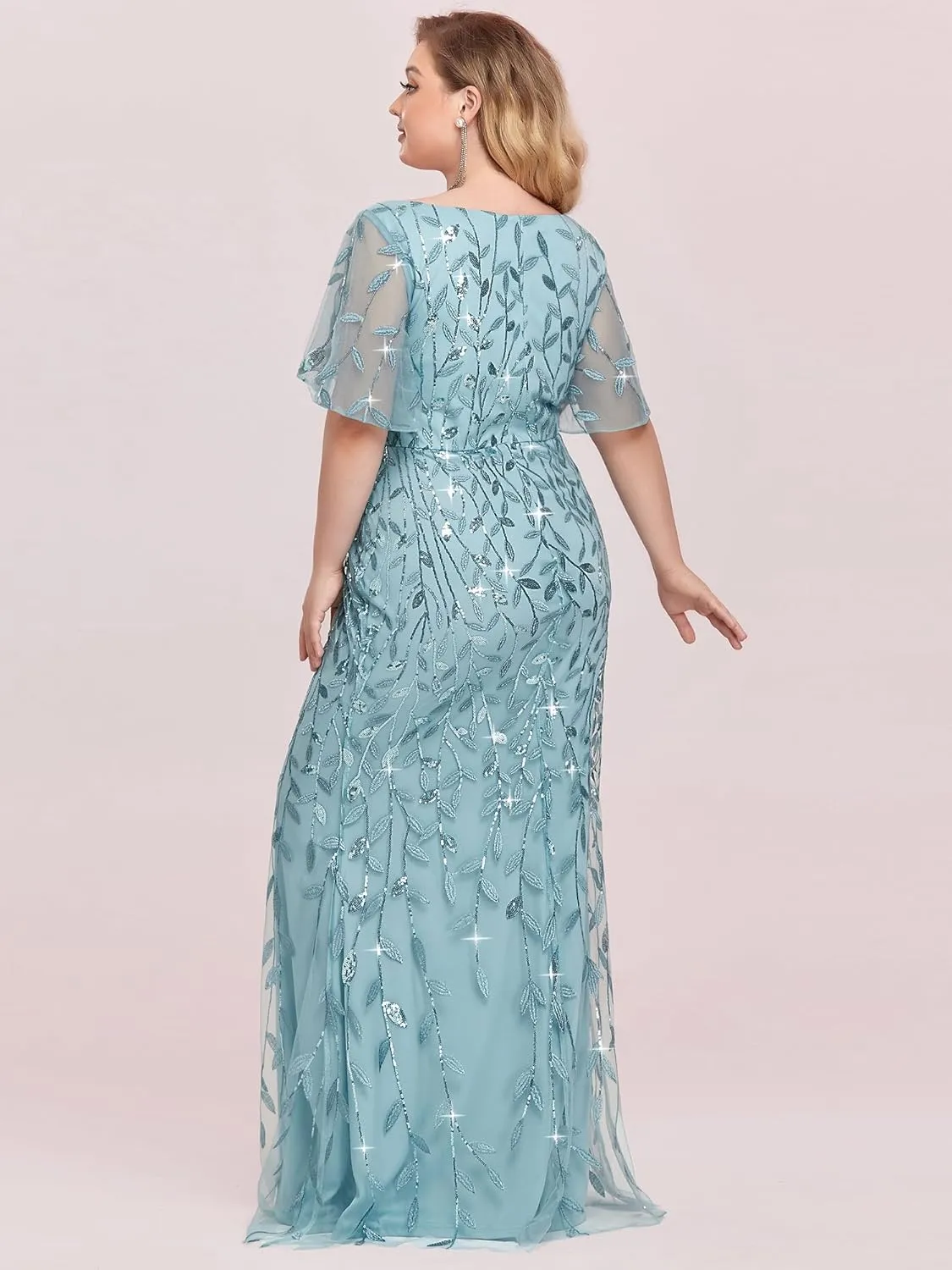 Ever-Pretty Women's V-Neck Curvy Embroidery Formal Dresses Plus Size Sequin Mother of The Bride Dresses 0692-PZUSA