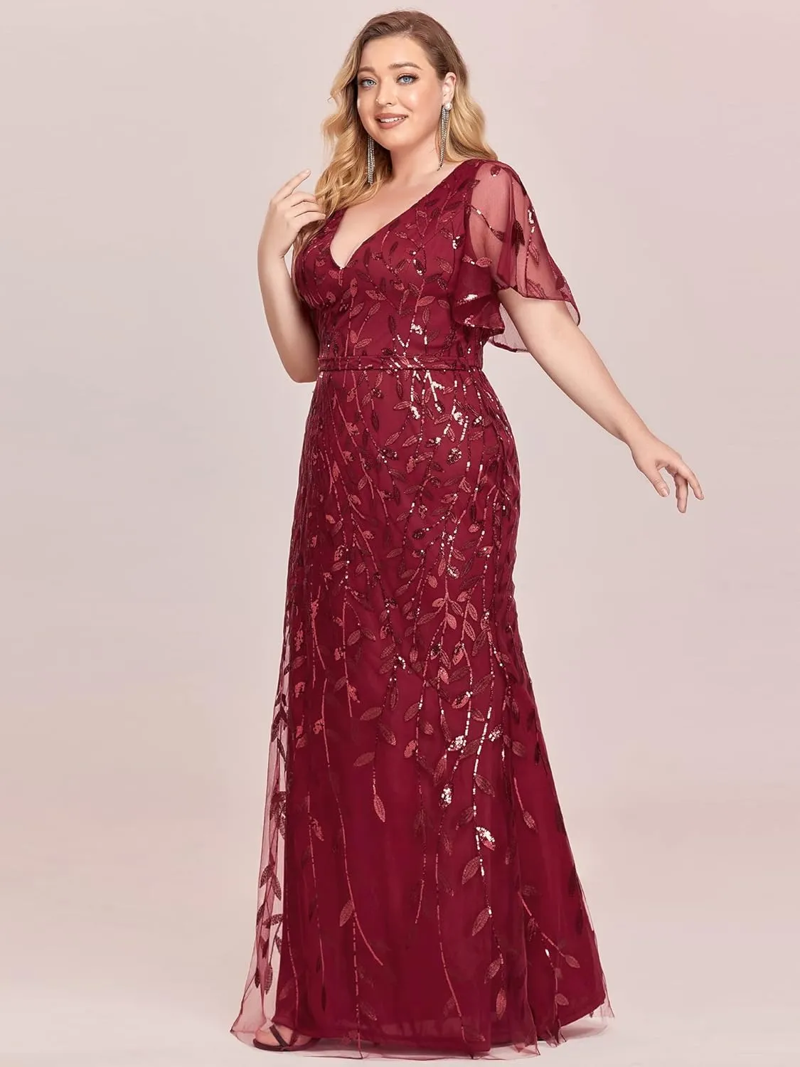 Ever-Pretty Women's V-Neck Curvy Embroidery Formal Dresses Plus Size Sequin Mother of The Bride Dresses 0692-PZUSA