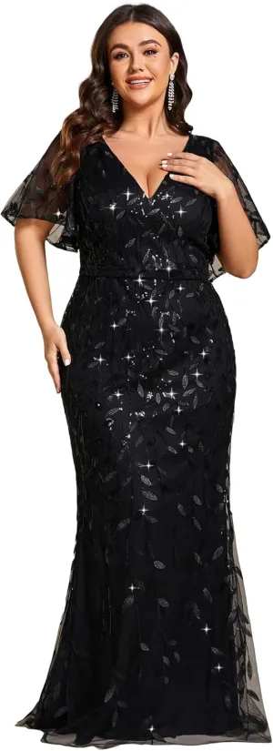 Ever-Pretty Women's V-Neck Curvy Embroidery Formal Dresses Plus Size Sequin Mother of The Bride Dresses 0692-PZUSA