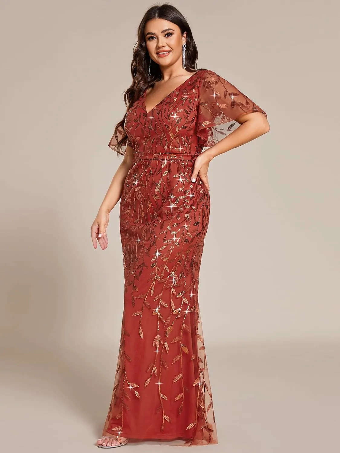 Ever-Pretty Women's V-Neck Curvy Embroidery Formal Dresses Plus Size Sequin Mother of The Bride Dresses 0692-PZUSA