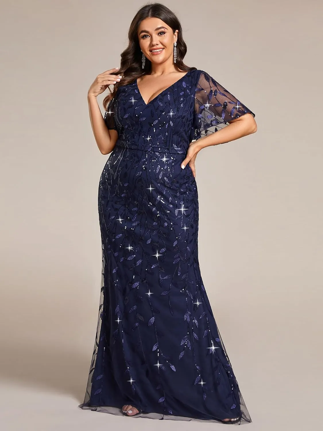 Ever-Pretty Women's V-Neck Curvy Embroidery Formal Dresses Plus Size Sequin Mother of The Bride Dresses 0692-PZUSA