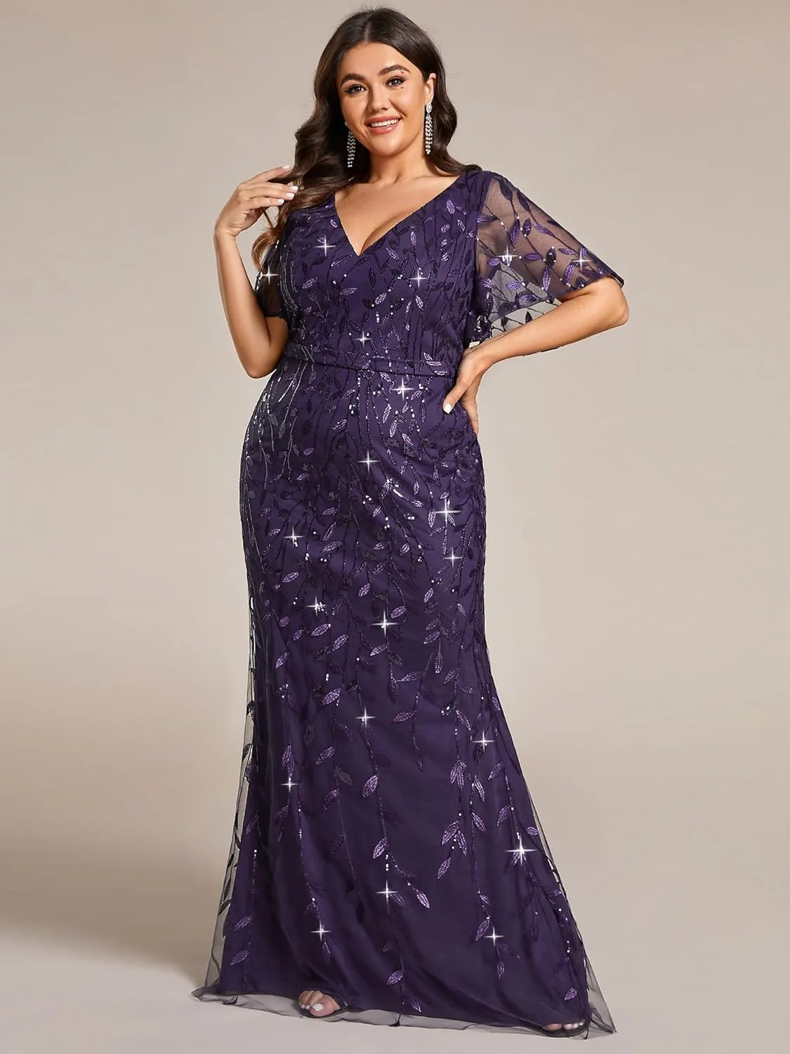 Ever-Pretty Women's V-Neck Curvy Embroidery Formal Dresses Plus Size Sequin Mother of The Bride Dresses 0692-PZUSA