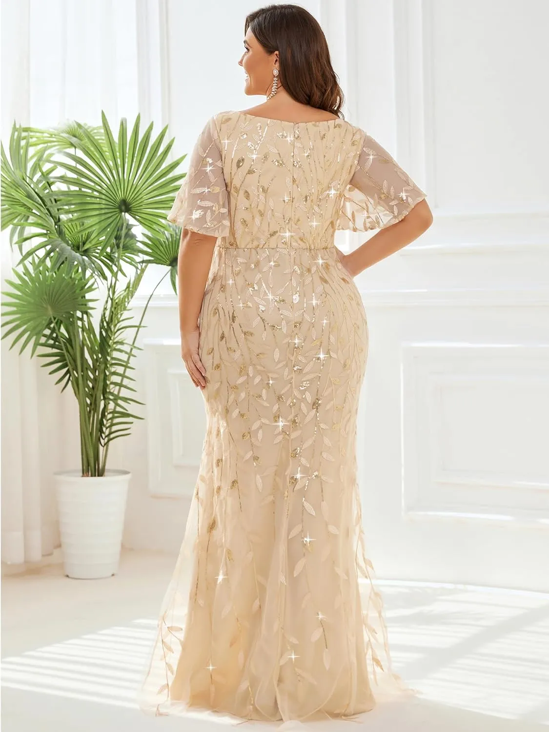 Ever-Pretty Women's V-Neck Curvy Embroidery Formal Dresses Plus Size Sequin Mother of The Bride Dresses 0692-PZUSA