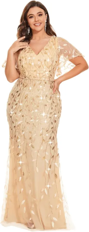Ever-Pretty Women's V-Neck Curvy Embroidery Formal Dresses Plus Size Sequin Mother of The Bride Dresses 0692-PZUSA