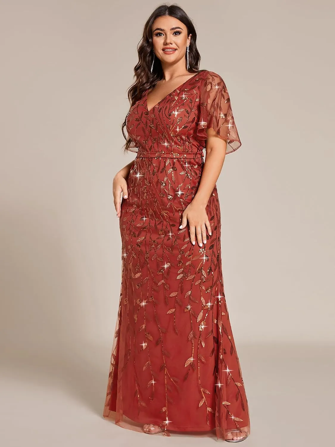 Ever-Pretty Women's V-Neck Curvy Embroidery Formal Dresses Plus Size Sequin Mother of The Bride Dresses 0692-PZUSA