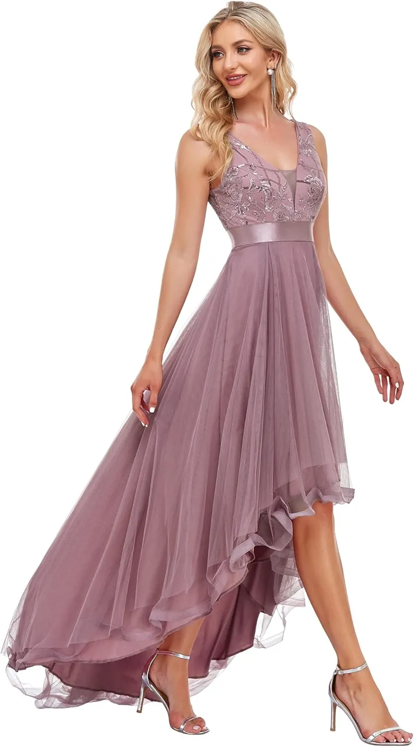Ever-Pretty Women's V Neck Pleated Waist Short Sleeve Wedding Guest Dress Chiffon Bridesmaid Dresses 00793