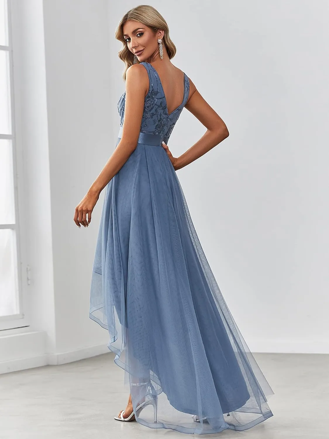 Ever-Pretty Women's V Neck Pleated Waist Short Sleeve Wedding Guest Dress Chiffon Bridesmaid Dresses 00793