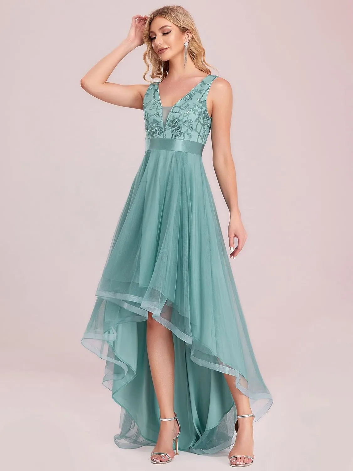 Ever-Pretty Women's V Neck Pleated Waist Short Sleeve Wedding Guest Dress Chiffon Bridesmaid Dresses 00793