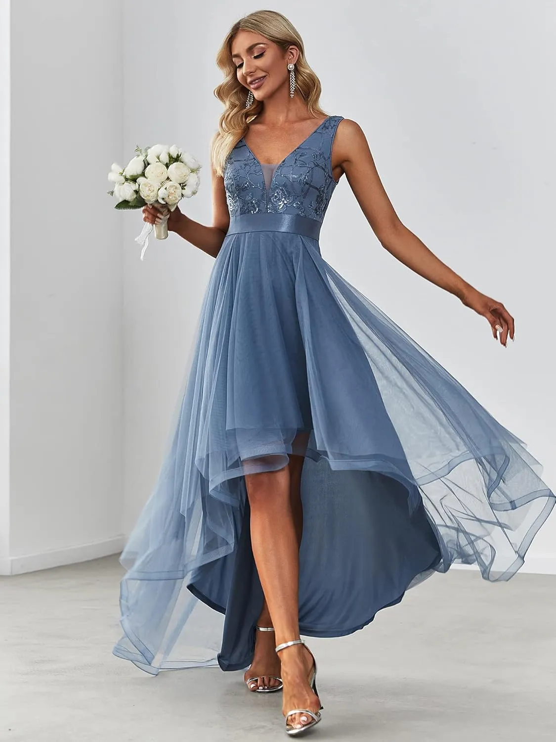 Ever-Pretty Women's V Neck Pleated Waist Short Sleeve Wedding Guest Dress Chiffon Bridesmaid Dresses 00793