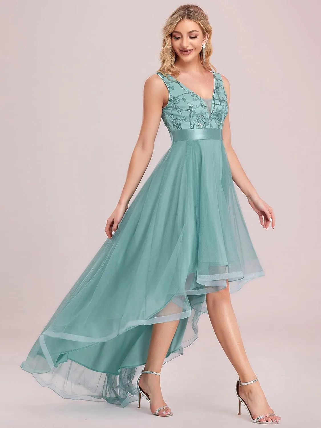Ever-Pretty Women's V Neck Pleated Waist Short Sleeve Wedding Guest Dress Chiffon Bridesmaid Dresses 00793