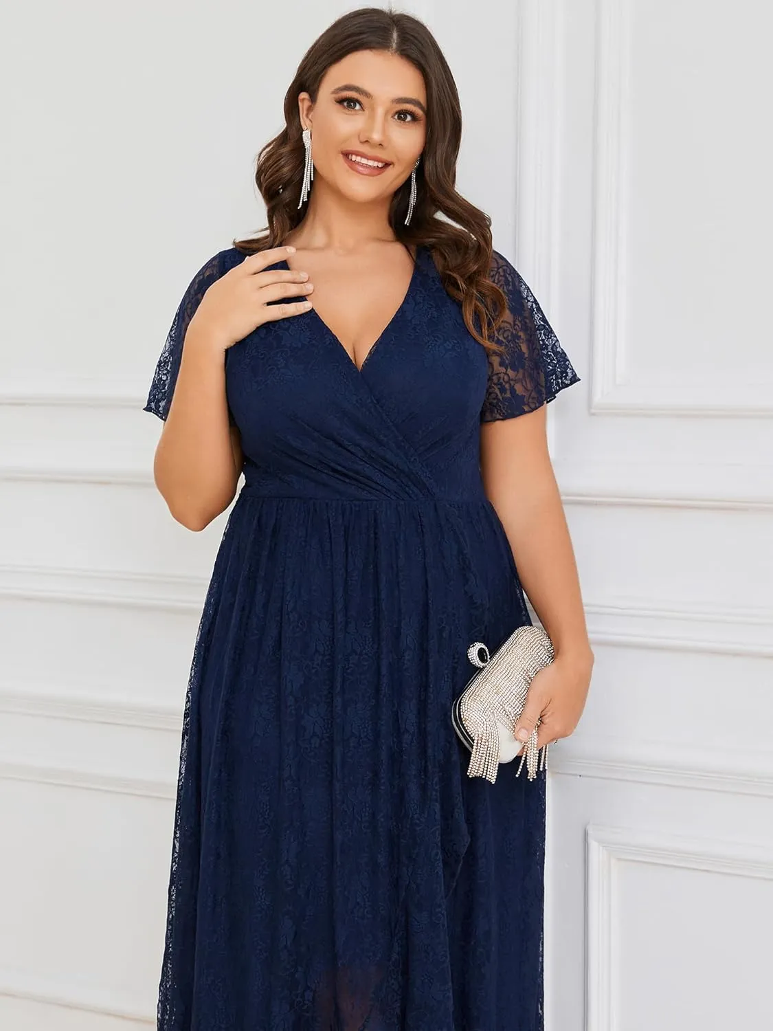 Ever-Pretty Women's V Neck Ruffles Sleeves High Low Lace Plus Size Summer Cocktail Party Wedding Guest Dresses 01489-DAPH