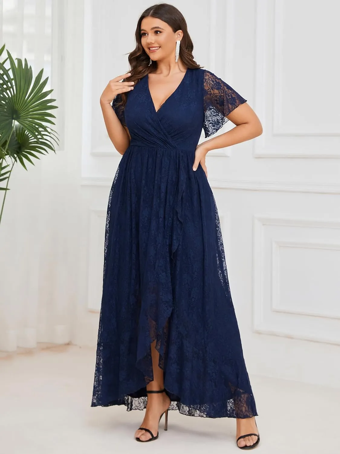 Ever-Pretty Women's V Neck Ruffles Sleeves High Low Lace Plus Size Summer Cocktail Party Wedding Guest Dresses 01489-DAPH