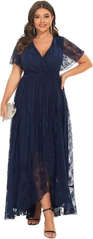 Ever-Pretty Women's V Neck Ruffles Sleeves High Low Lace Plus Size Summer Cocktail Party Wedding Guest Dresses 01489-DAPH