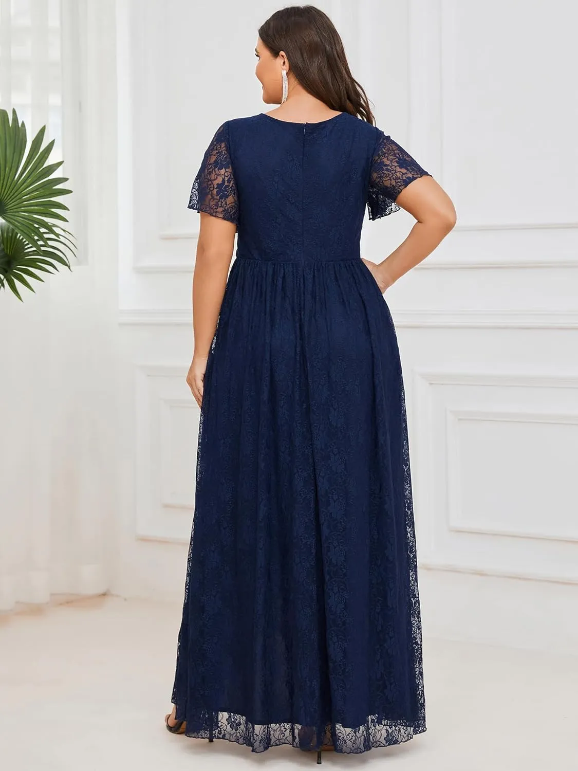 Ever-Pretty Women's V Neck Ruffles Sleeves High Low Lace Plus Size Summer Cocktail Party Wedding Guest Dresses 01489-DAPH
