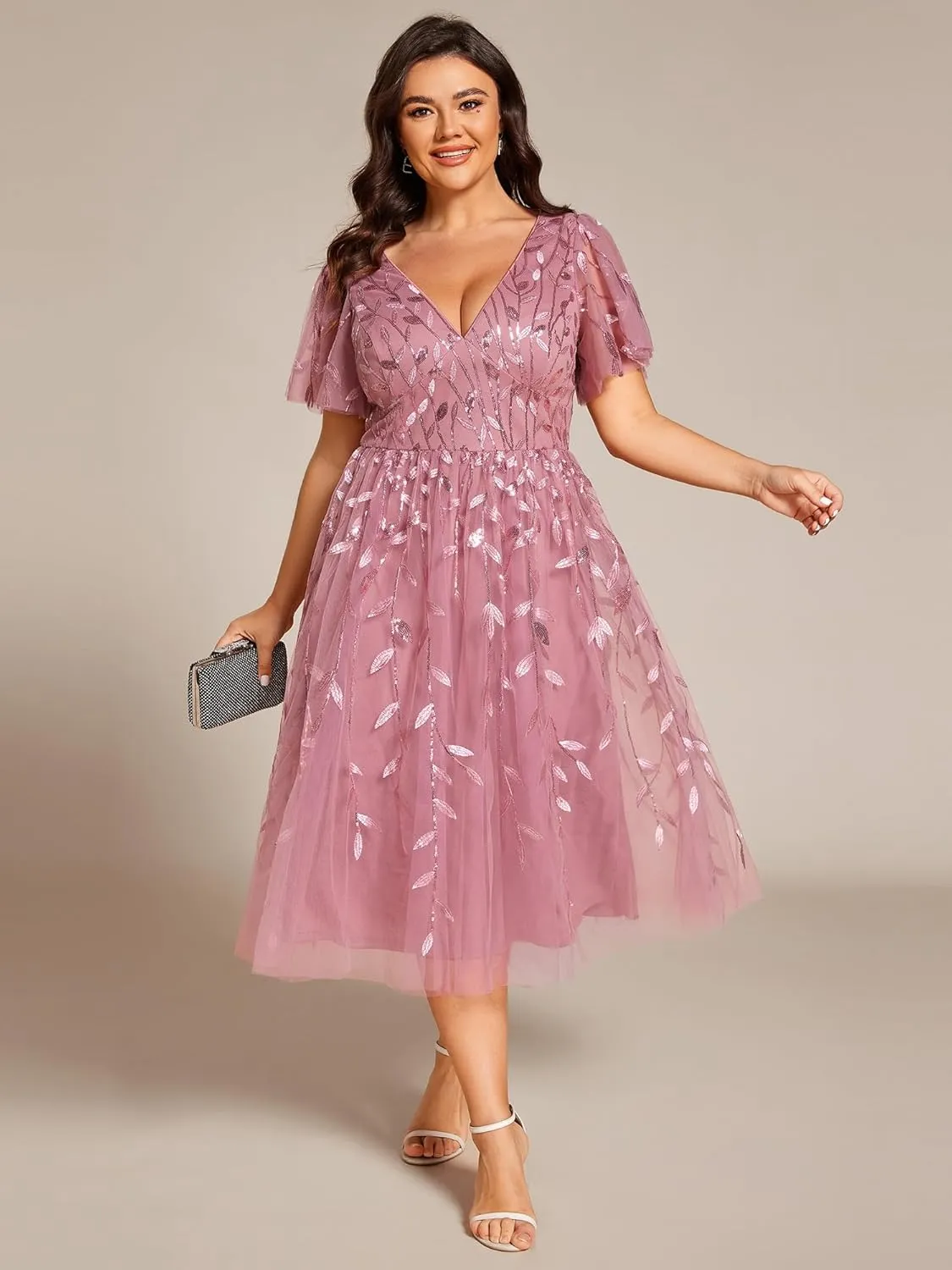 Ever-Pretty Women's V Neck Short Sleeves Embroidery Empire Waist Sequin Plus Size Midi Cocktail Wedding Guest Dresses 2230-DA