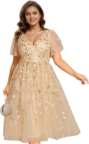 Ever-Pretty Women's V Neck Short Sleeves Embroidery Empire Waist Sequin Plus Size Midi Cocktail Wedding Guest Dresses 2230-DA
