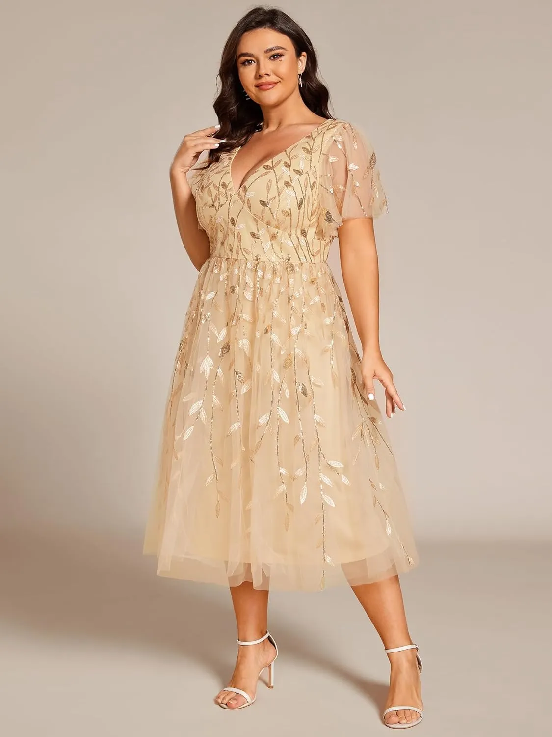 Ever-Pretty Women's V Neck Short Sleeves Embroidery Empire Waist Sequin Plus Size Midi Cocktail Wedding Guest Dresses 2230-DA