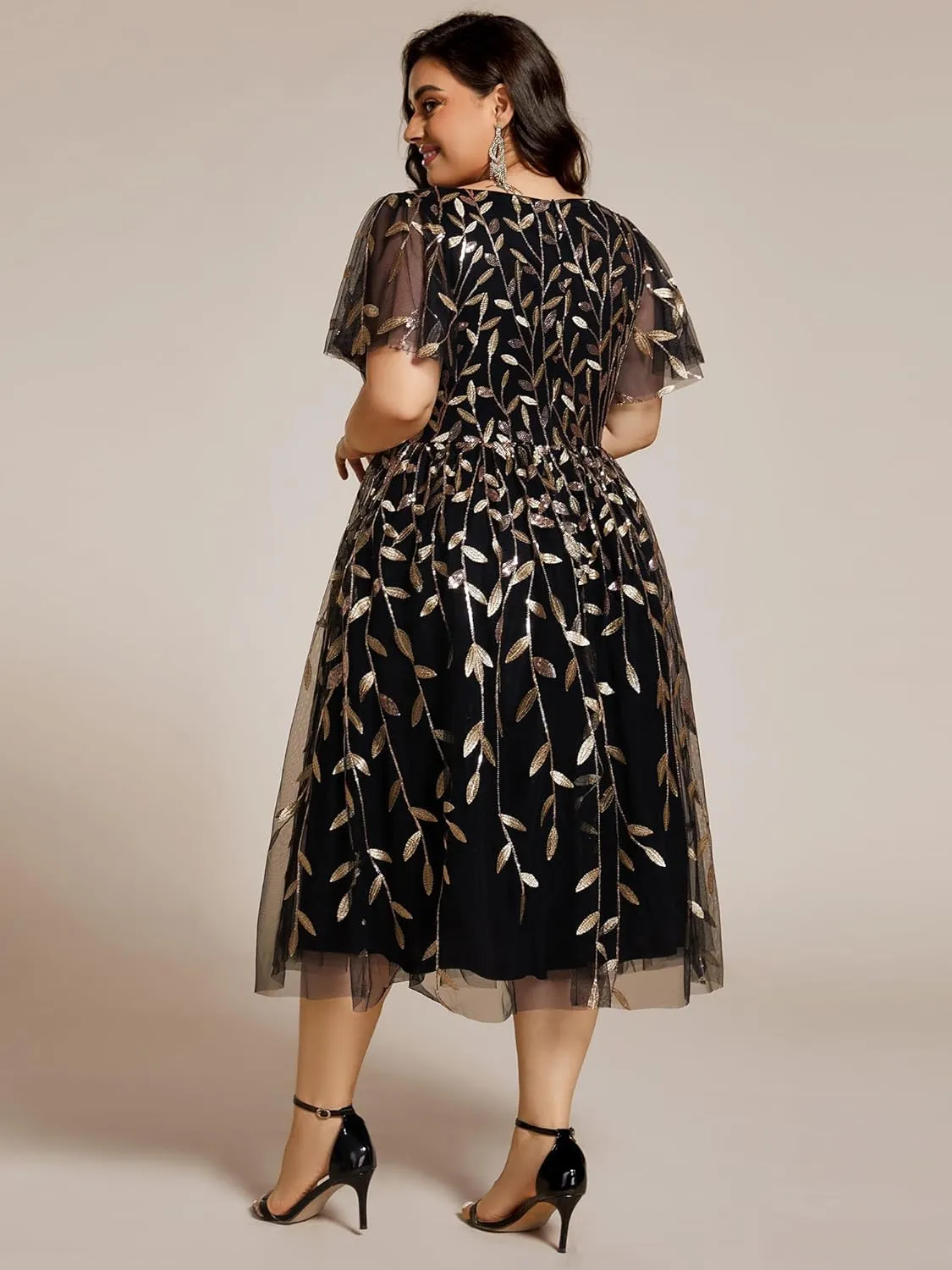 Ever-Pretty Women's V Neck Short Sleeves Embroidery Empire Waist Sequin Plus Size Midi Cocktail Wedding Guest Dresses 2230-DA