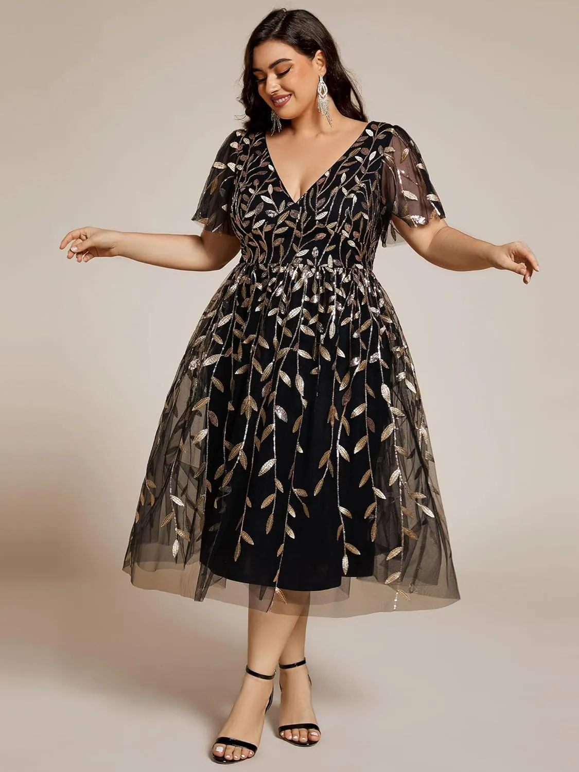 Ever-Pretty Women's V Neck Short Sleeves Embroidery Empire Waist Sequin Plus Size Midi Cocktail Wedding Guest Dresses 2230-DA