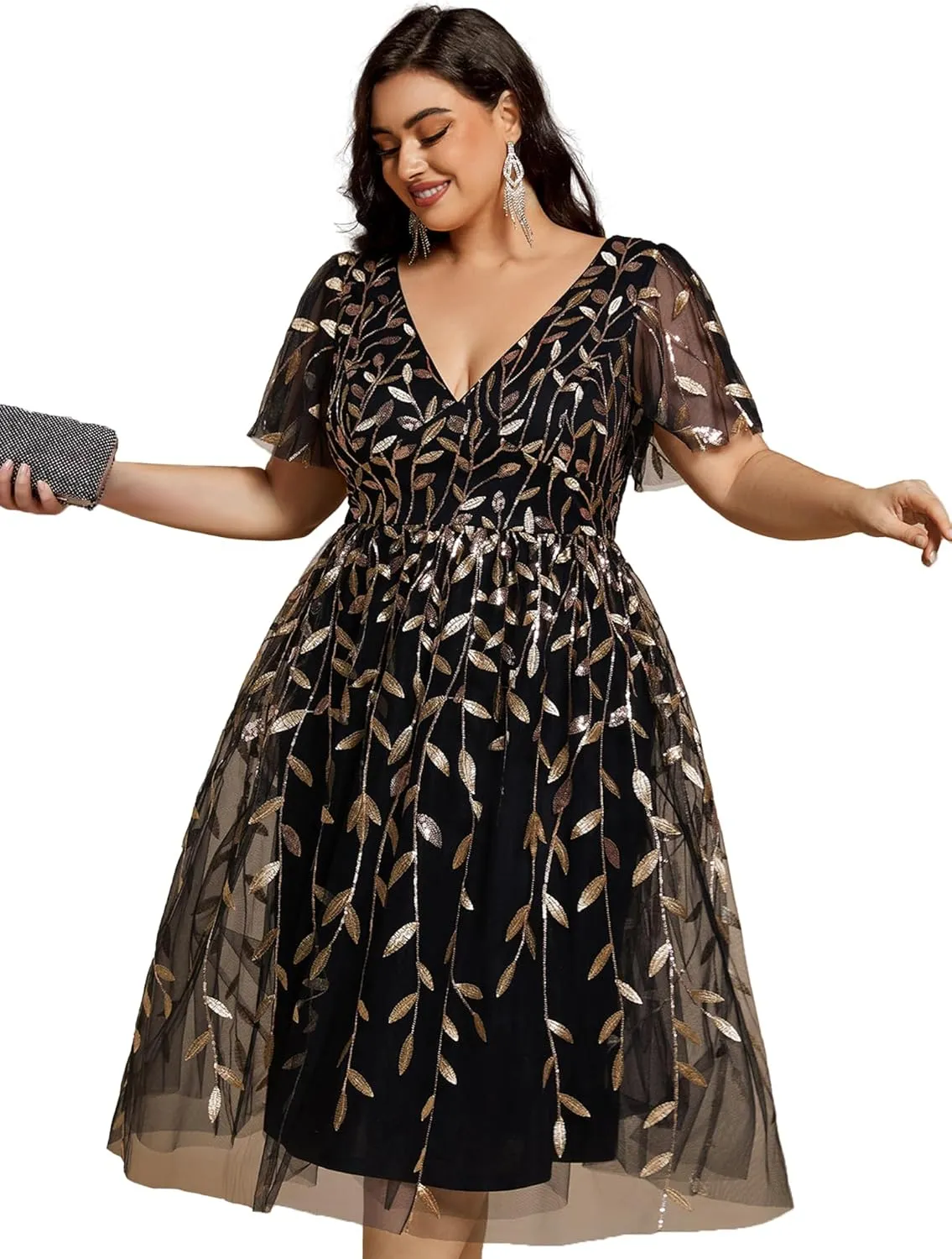 Ever-Pretty Women's V Neck Short Sleeves Embroidery Empire Waist Sequin Plus Size Midi Cocktail Wedding Guest Dresses 2230-DA