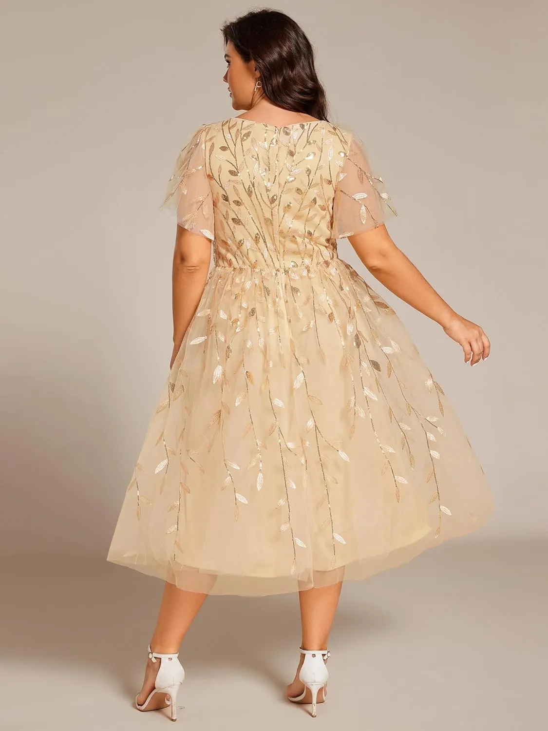 Ever-Pretty Women's V Neck Short Sleeves Embroidery Empire Waist Sequin Plus Size Midi Cocktail Wedding Guest Dresses 2230-DA