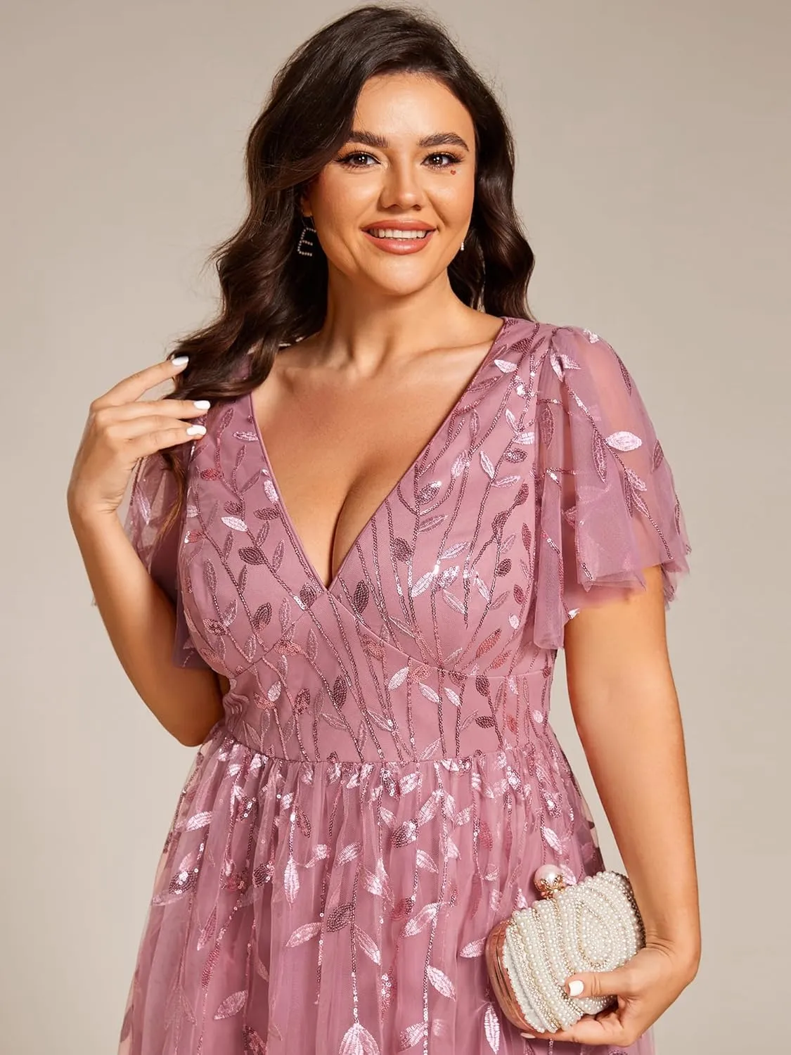 Ever-Pretty Women's V Neck Short Sleeves Embroidery Empire Waist Sequin Plus Size Midi Cocktail Wedding Guest Dresses 2230-DA