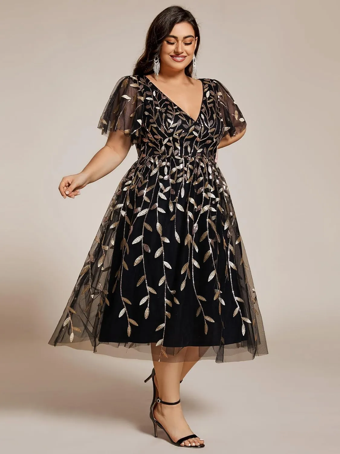 Ever-Pretty Women's V Neck Short Sleeves Embroidery Empire Waist Sequin Plus Size Midi Cocktail Wedding Guest Dresses 2230-DA