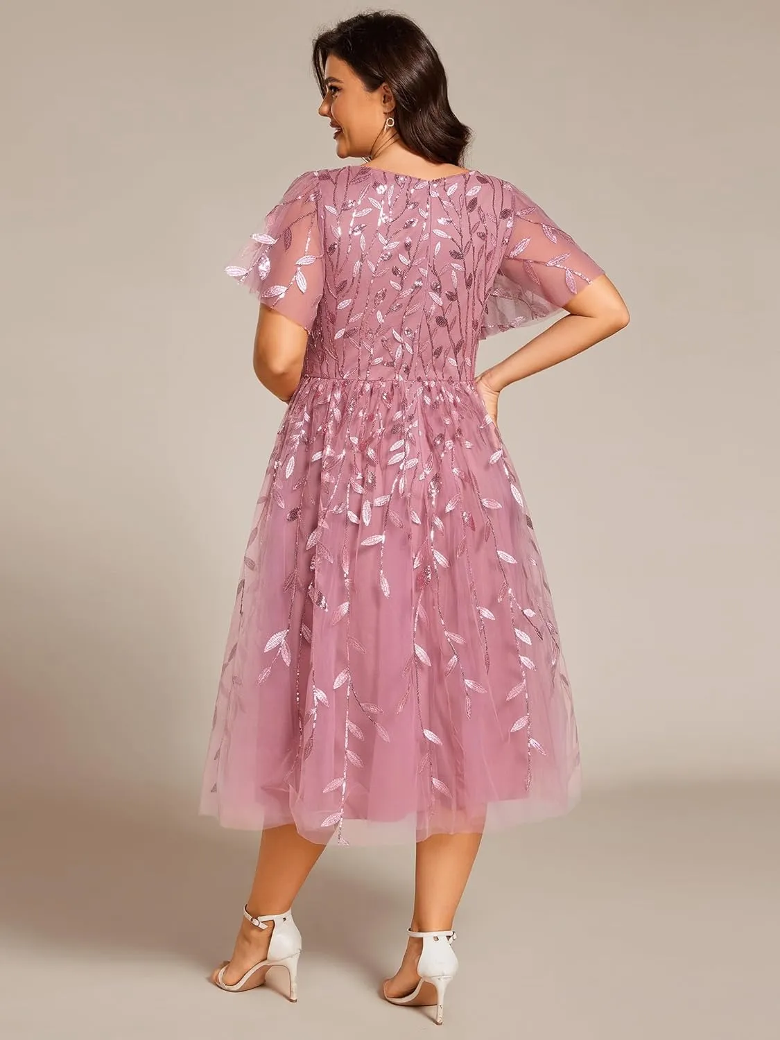 Ever-Pretty Women's V Neck Short Sleeves Embroidery Empire Waist Sequin Plus Size Midi Cocktail Wedding Guest Dresses 2230-DA