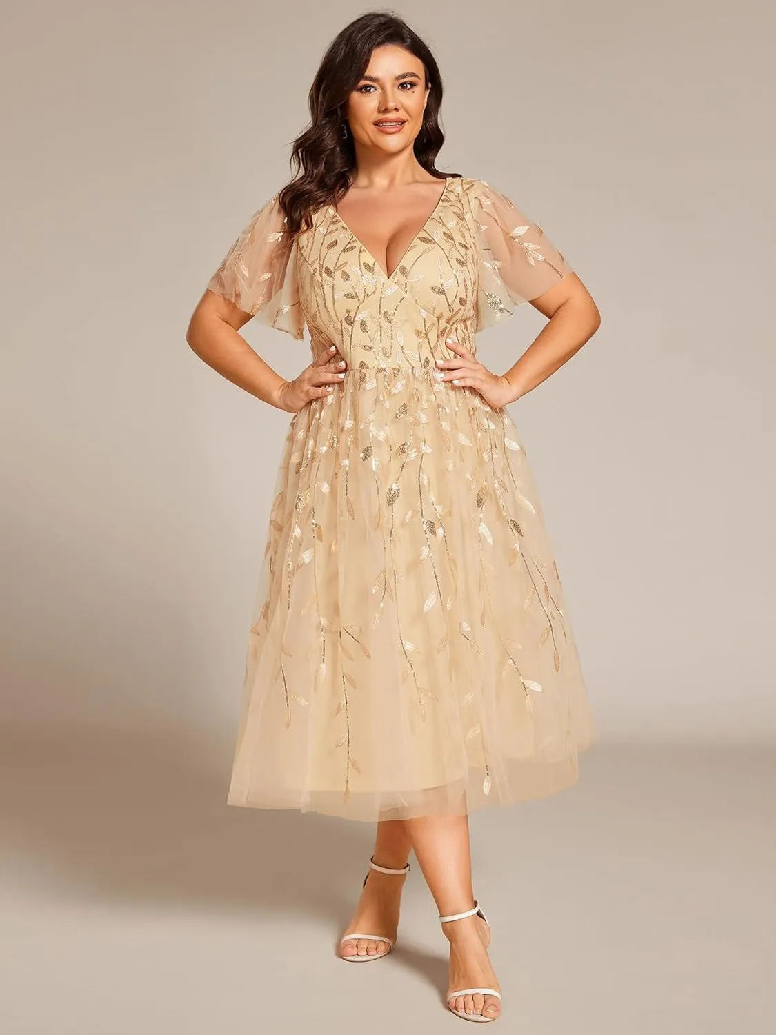 Ever-Pretty Women's V Neck Short Sleeves Embroidery Empire Waist Sequin Plus Size Midi Cocktail Wedding Guest Dresses 2230-DA