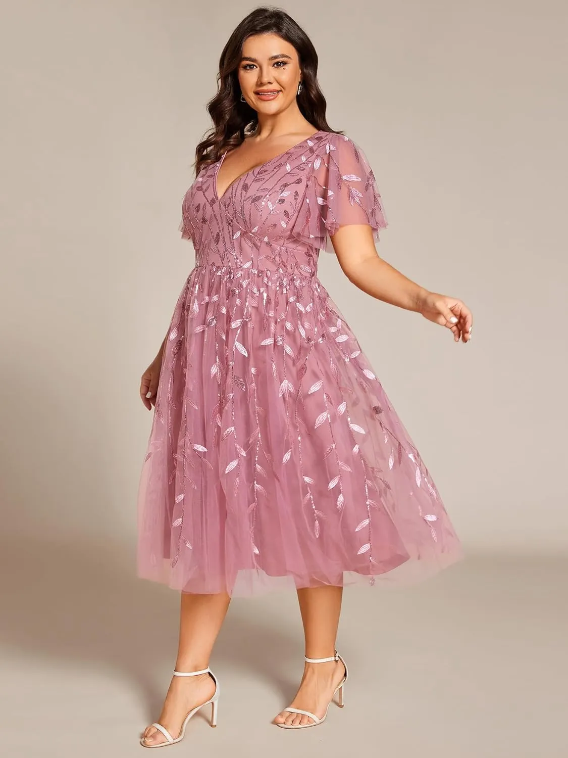 Ever-Pretty Women's V Neck Short Sleeves Embroidery Empire Waist Sequin Plus Size Midi Cocktail Wedding Guest Dresses 2230-DA