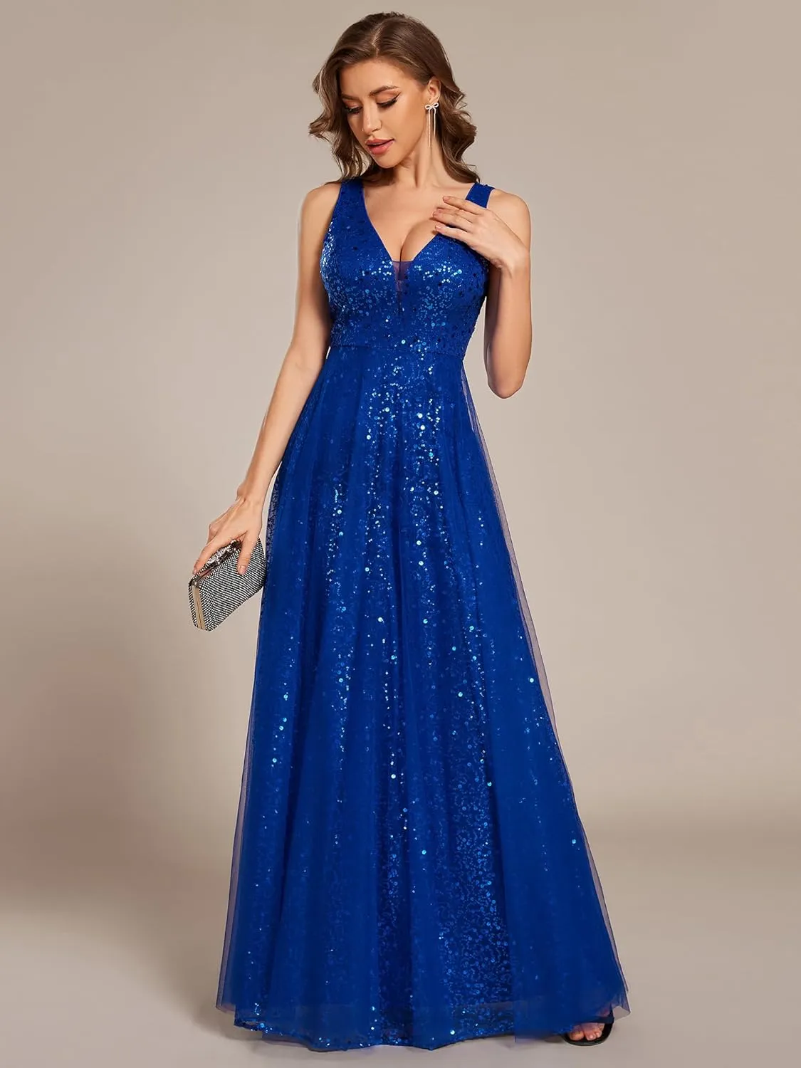 Ever-Pretty Women's V Neck Sleeveless Formal Dresses A Line Sequin Maxi Evening Dresses 02163