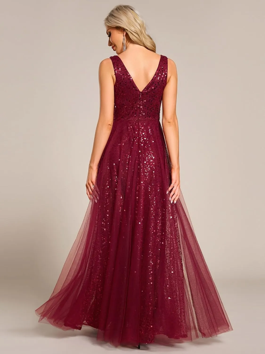 Ever-Pretty Women's V Neck Sleeveless Formal Dresses A Line Sequin Maxi Evening Dresses 02163