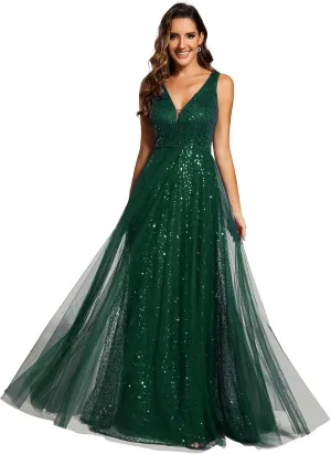Ever-Pretty Women's V Neck Sleeveless Formal Dresses A Line Sequin Maxi Evening Dresses 02163