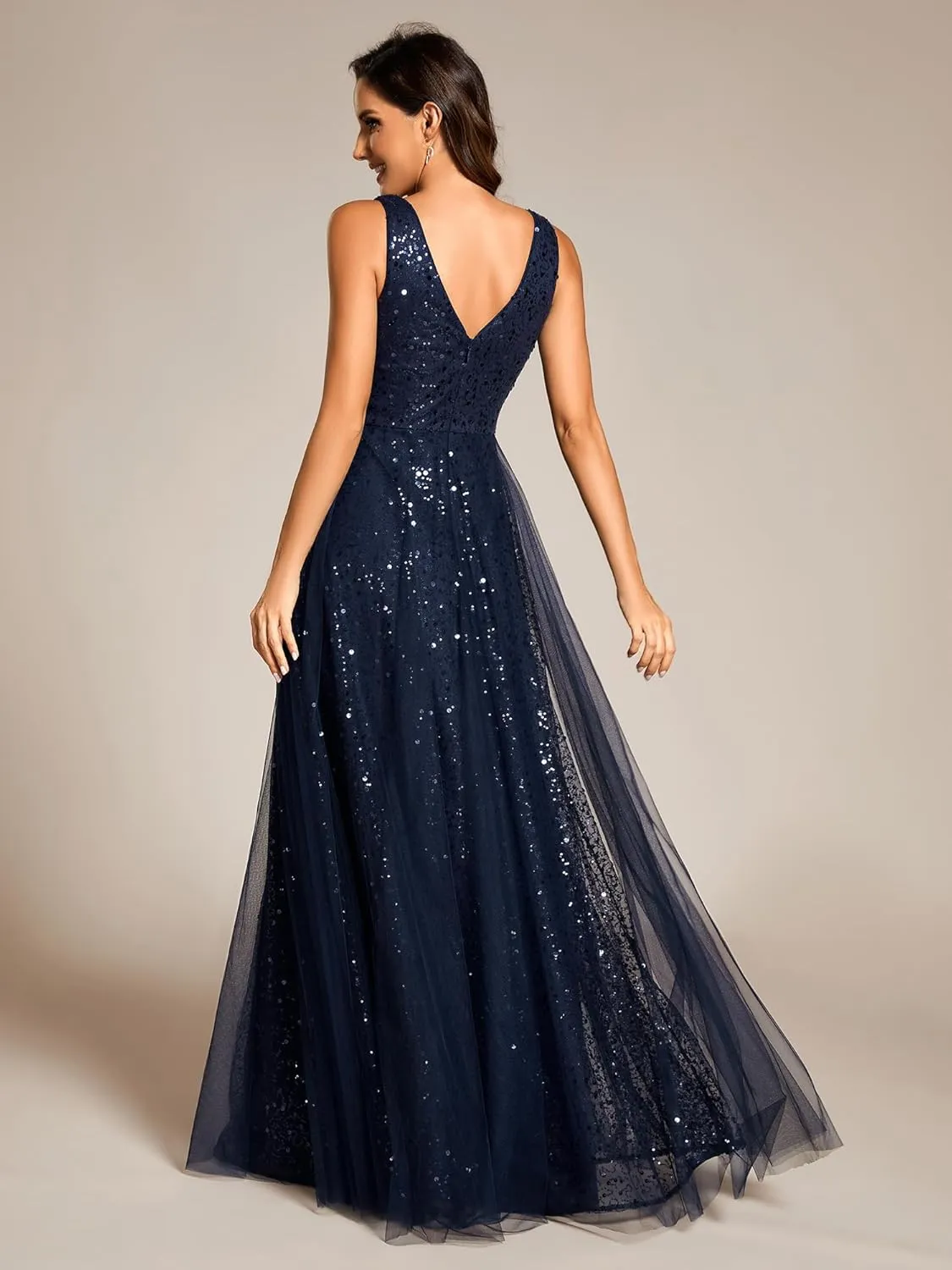 Ever-Pretty Women's V Neck Sleeveless Formal Dresses A Line Sequin Maxi Evening Dresses 02163