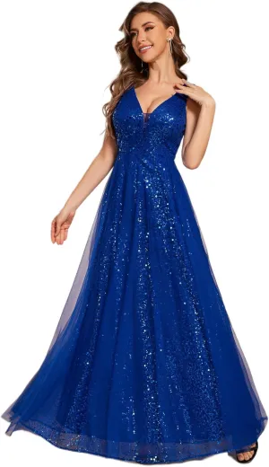 Ever-Pretty Women's V Neck Sleeveless Formal Dresses A Line Sequin Maxi Evening Dresses 02163