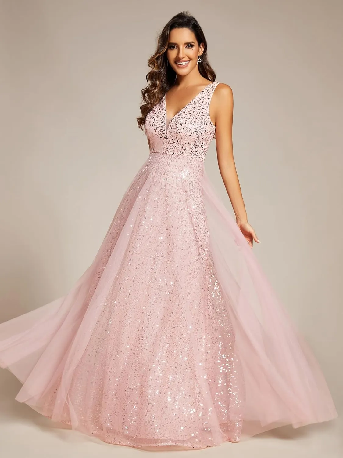 Ever-Pretty Women's V Neck Sleeveless Formal Dresses A Line Sequin Maxi Evening Dresses 02163