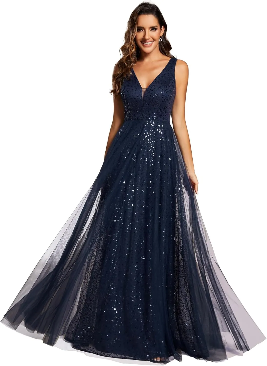 Ever-Pretty Women's V Neck Sleeveless Formal Dresses A Line Sequin Maxi Evening Dresses 02163
