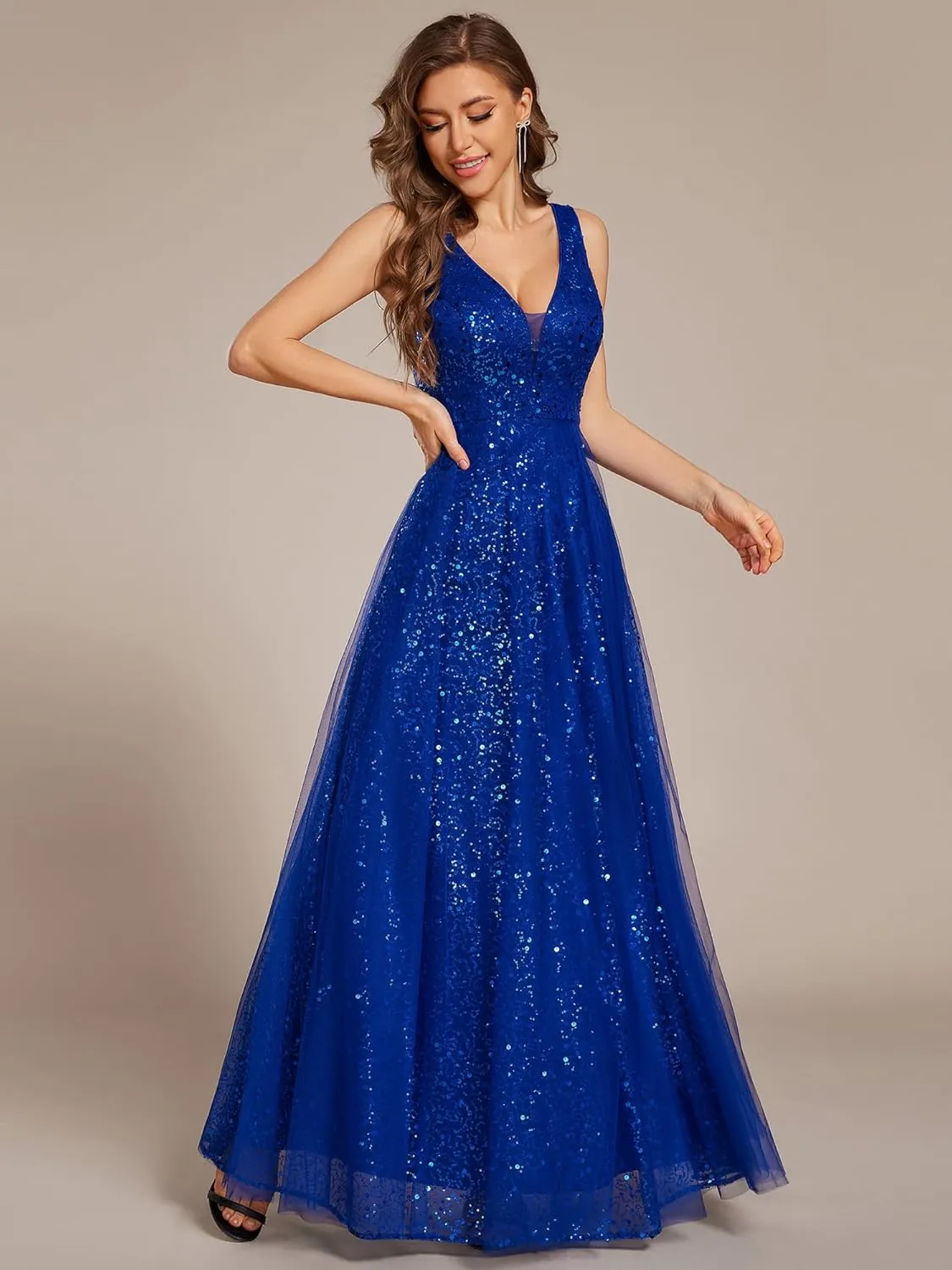 Ever-Pretty Women's V Neck Sleeveless Formal Dresses A Line Sequin Maxi Evening Dresses 02163