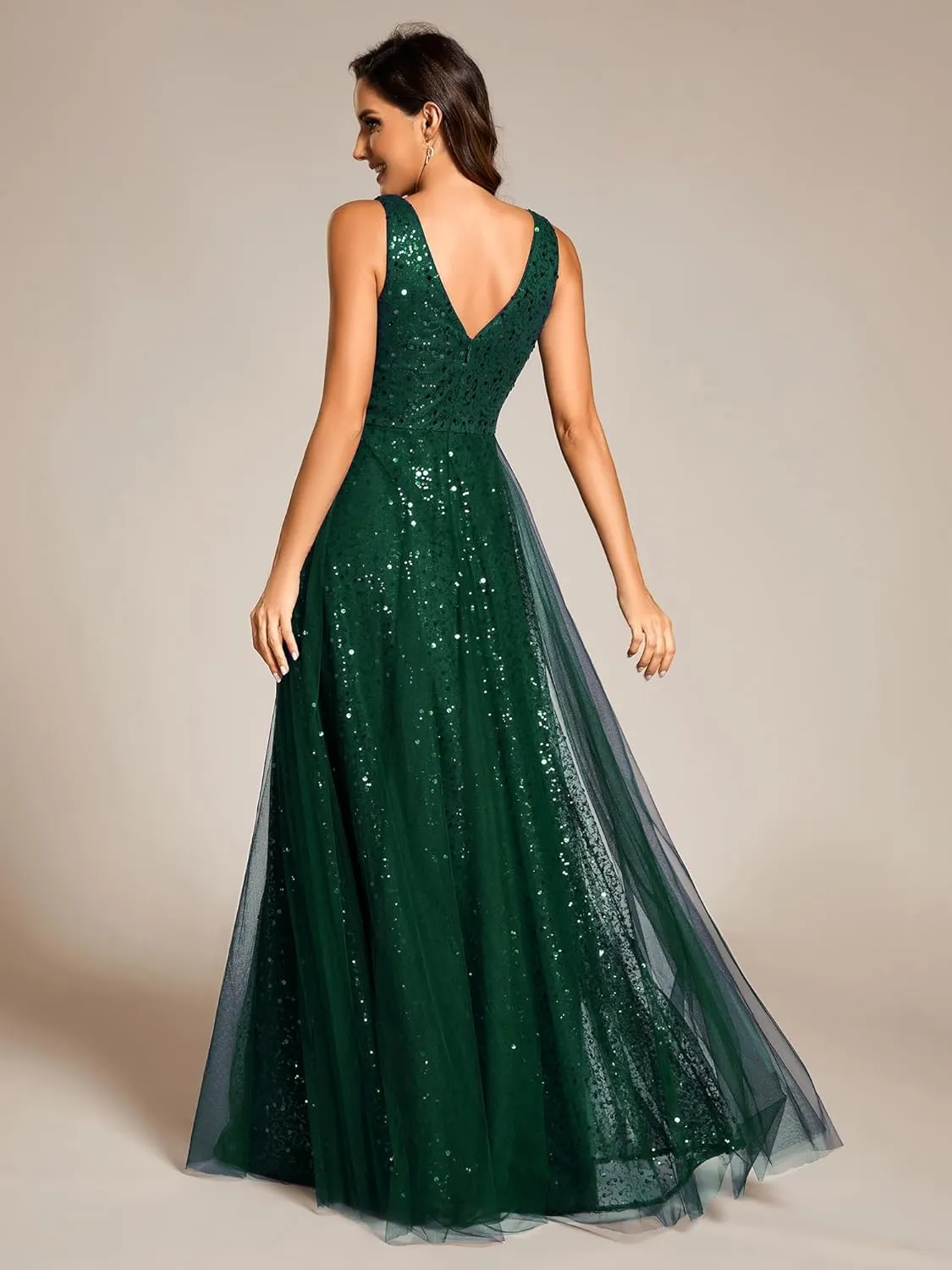 Ever-Pretty Women's V Neck Sleeveless Formal Dresses A Line Sequin Maxi Evening Dresses 02163