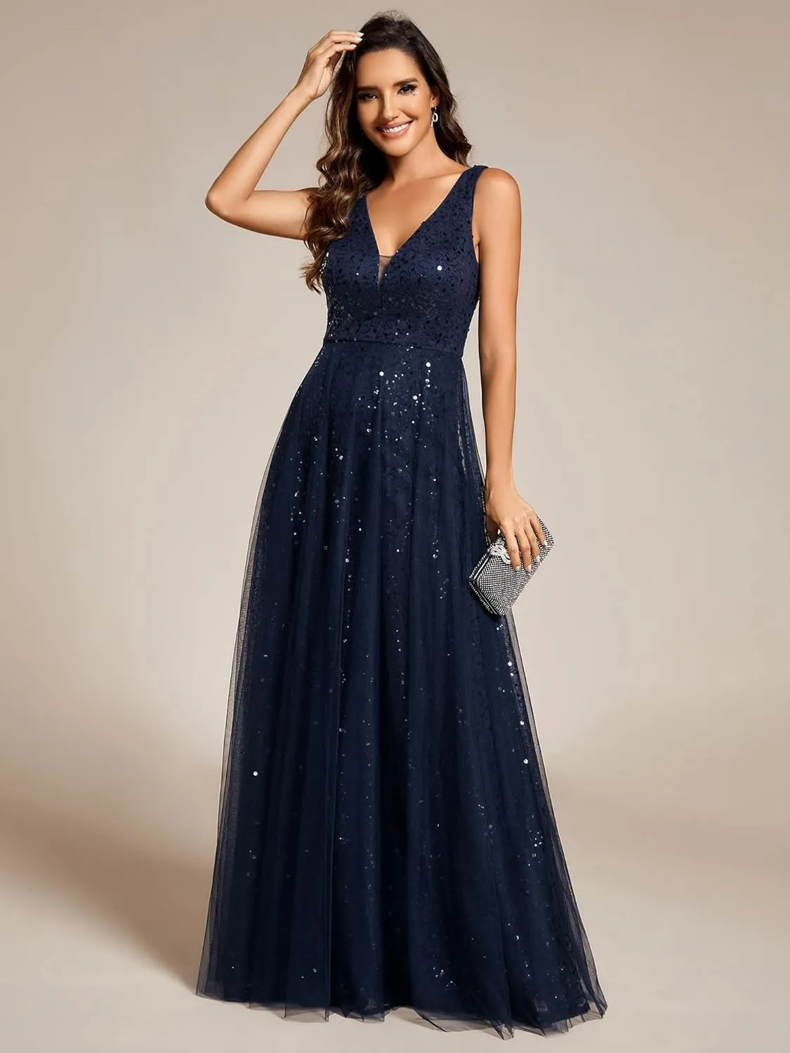 Ever-Pretty Women's V Neck Sleeveless Formal Dresses A Line Sequin Maxi Evening Dresses 02163