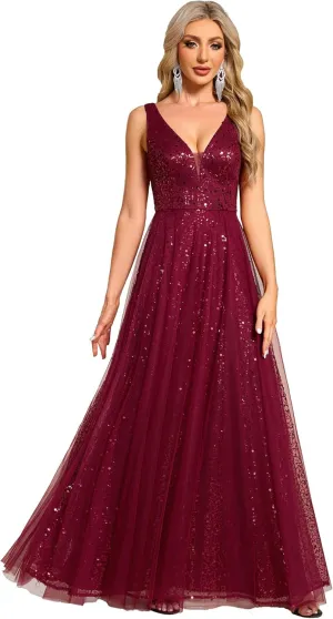 Ever-Pretty Women's V Neck Sleeveless Formal Dresses A Line Sequin Maxi Evening Dresses 02163