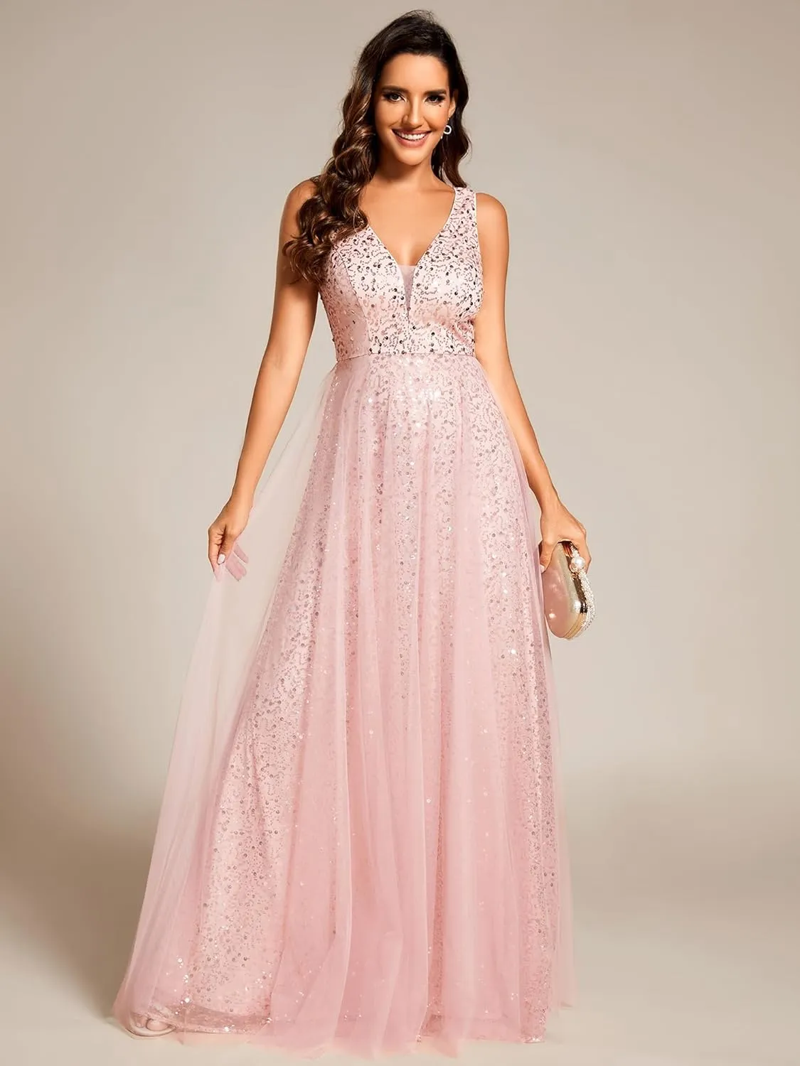 Ever-Pretty Women's V Neck Sleeveless Formal Dresses A Line Sequin Maxi Evening Dresses 02163