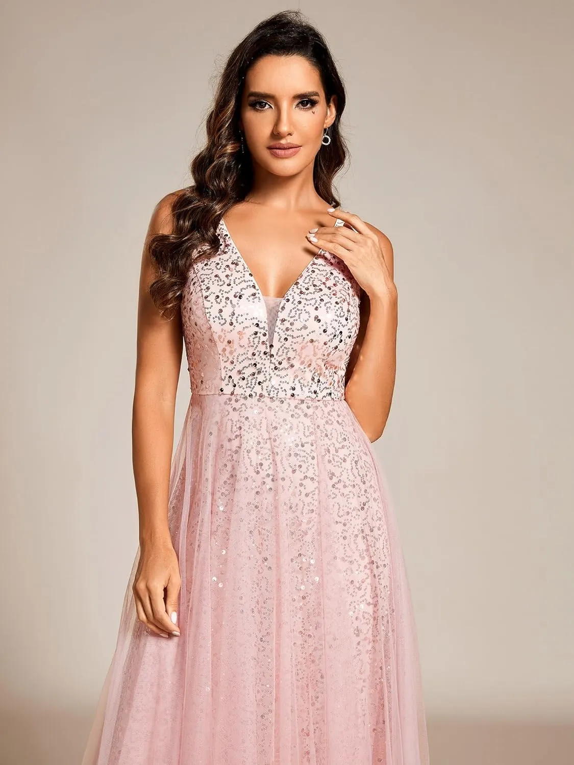 Ever-Pretty Women's V Neck Sleeveless Formal Dresses A Line Sequin Maxi Evening Dresses 02163